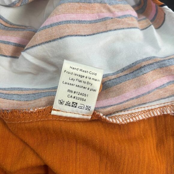 Porridge Clothing Womens XS Striped‎ Blouse Tee Orange White Blue Floral Trim - Picture 6 of 10